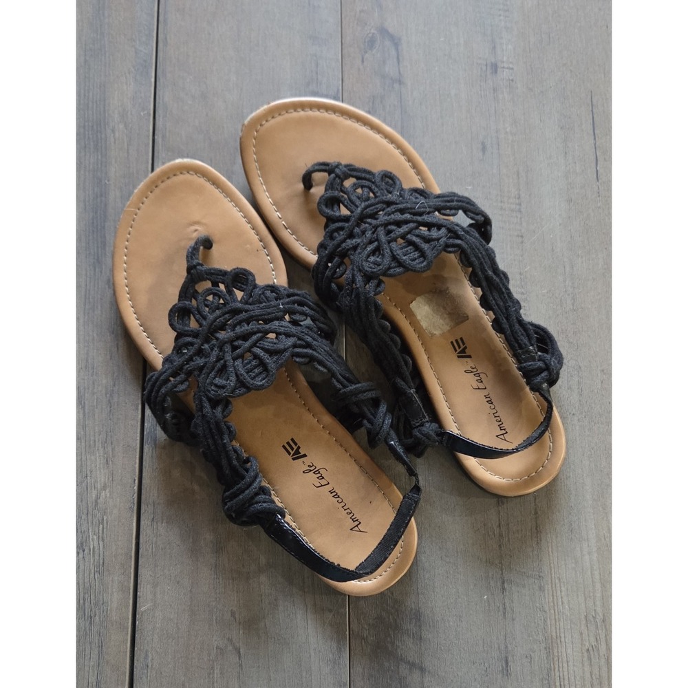 American Eagle Sandals Sz 8.5 Crochet Knit Boho Thong Summer Black Casual Beach
